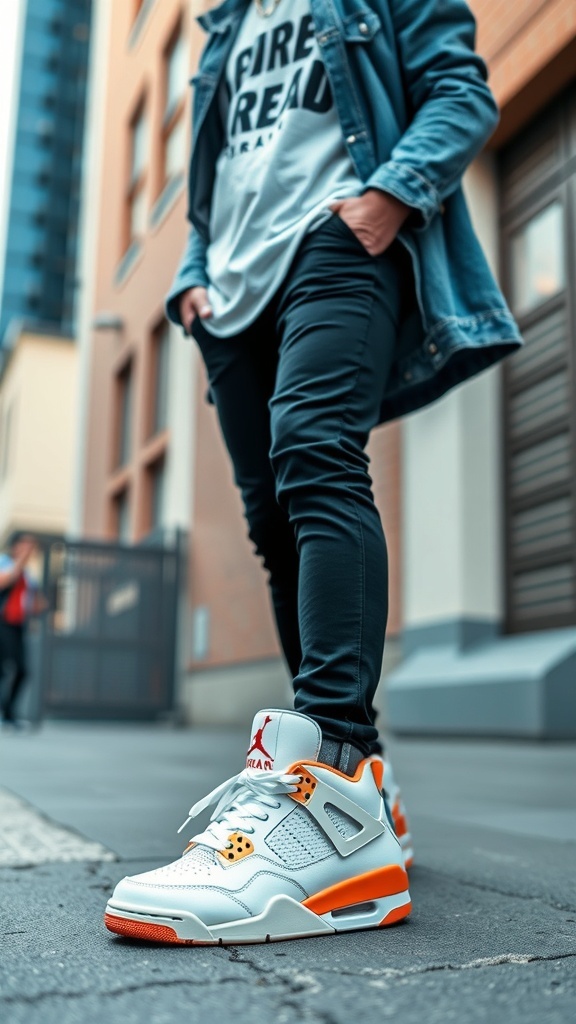 A fashionable outfit with Bread 4s Jordans, including jeans and a graphic tee.
